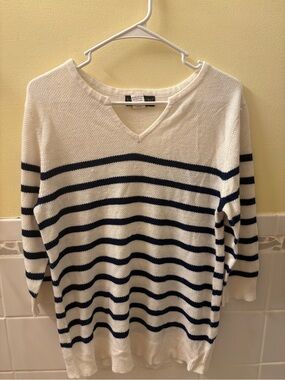 White & Navy Striped V-Neck Sweater